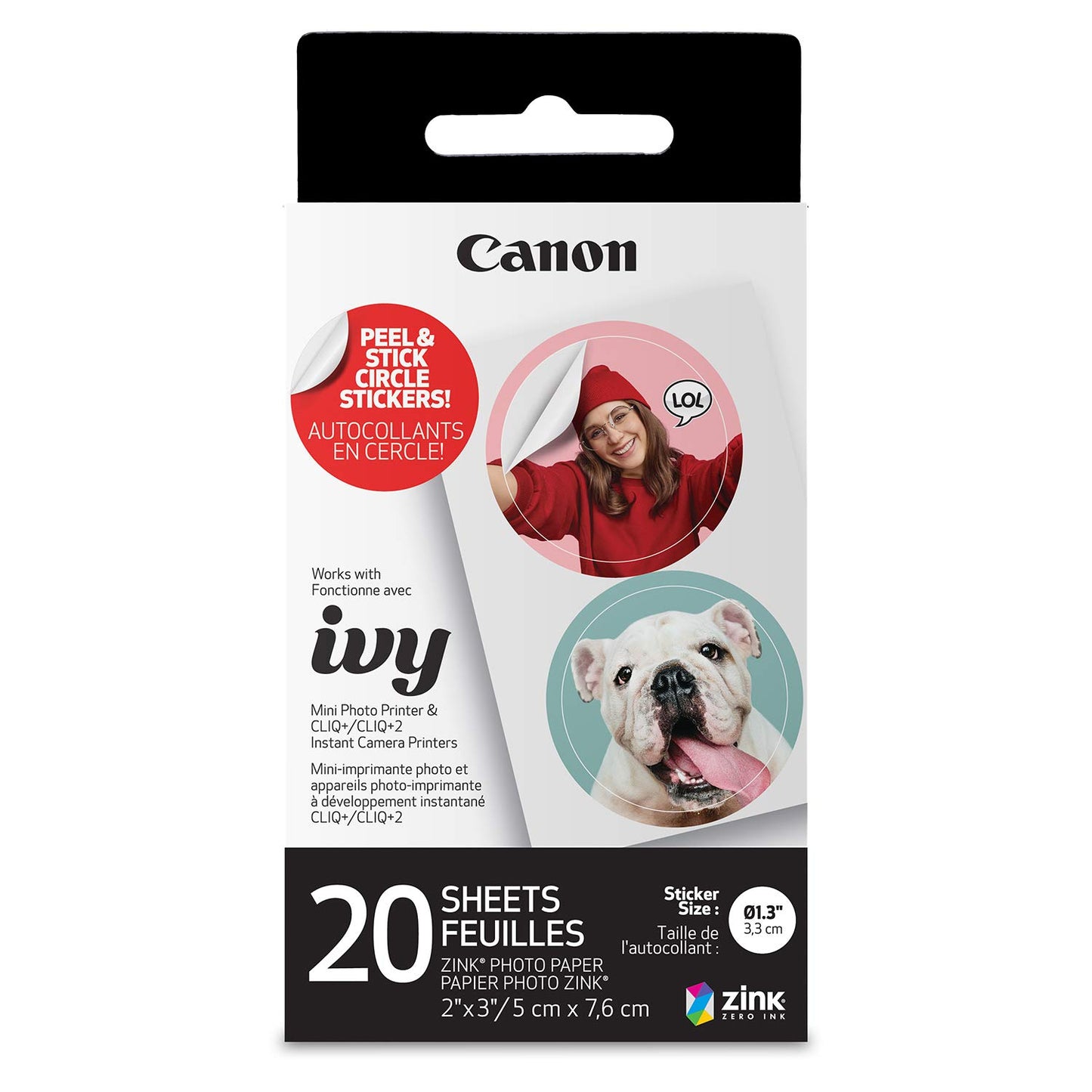 Canon ZINK Photo Paper Pack, 50 Sheets & IVY ZINK Pre-Cut Circle Sticker Paper, 20 Sheets & Zink Photo Paper Pack, 20 sheets, White, 2" X 3". (3214C001)