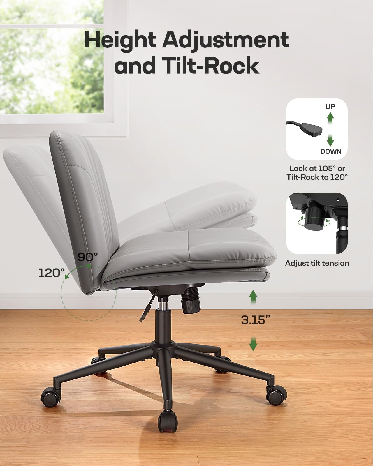 Marsail Armless-Office Desk Chair with Wheels: PU Leather Cross Legged Wide Chair,Comfortable Adjustable Swivel Computer Task Chairs for Home,Office,Make Up,Small Space,Bed Room, Grey