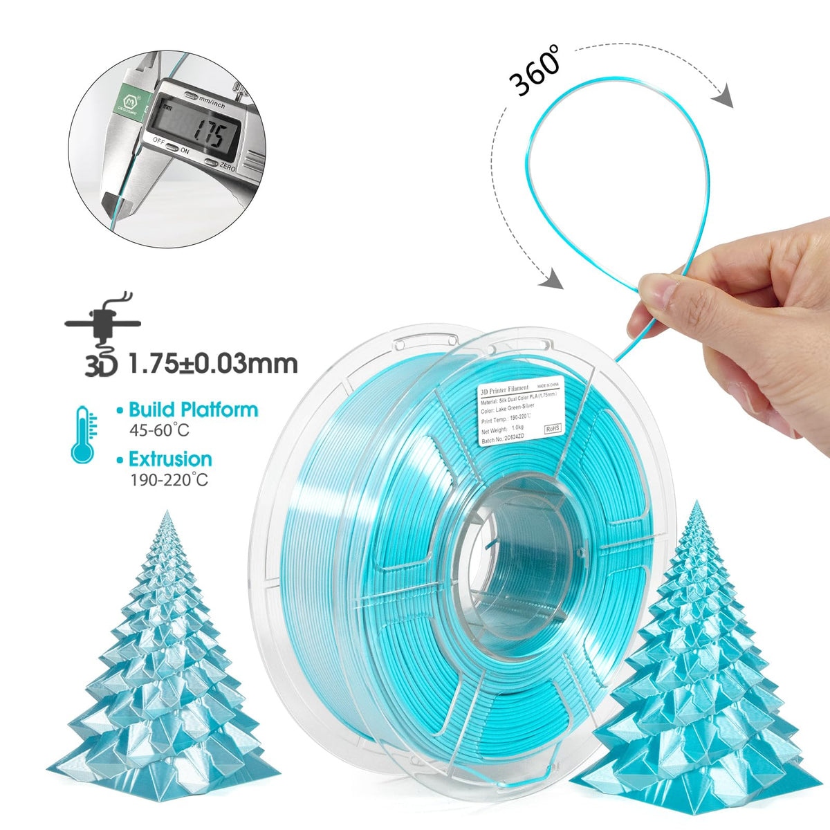 iSANMATE 3D Filament, 1.75mm Dual Color PLA, Lake Green & Silver, 1kg/Spool