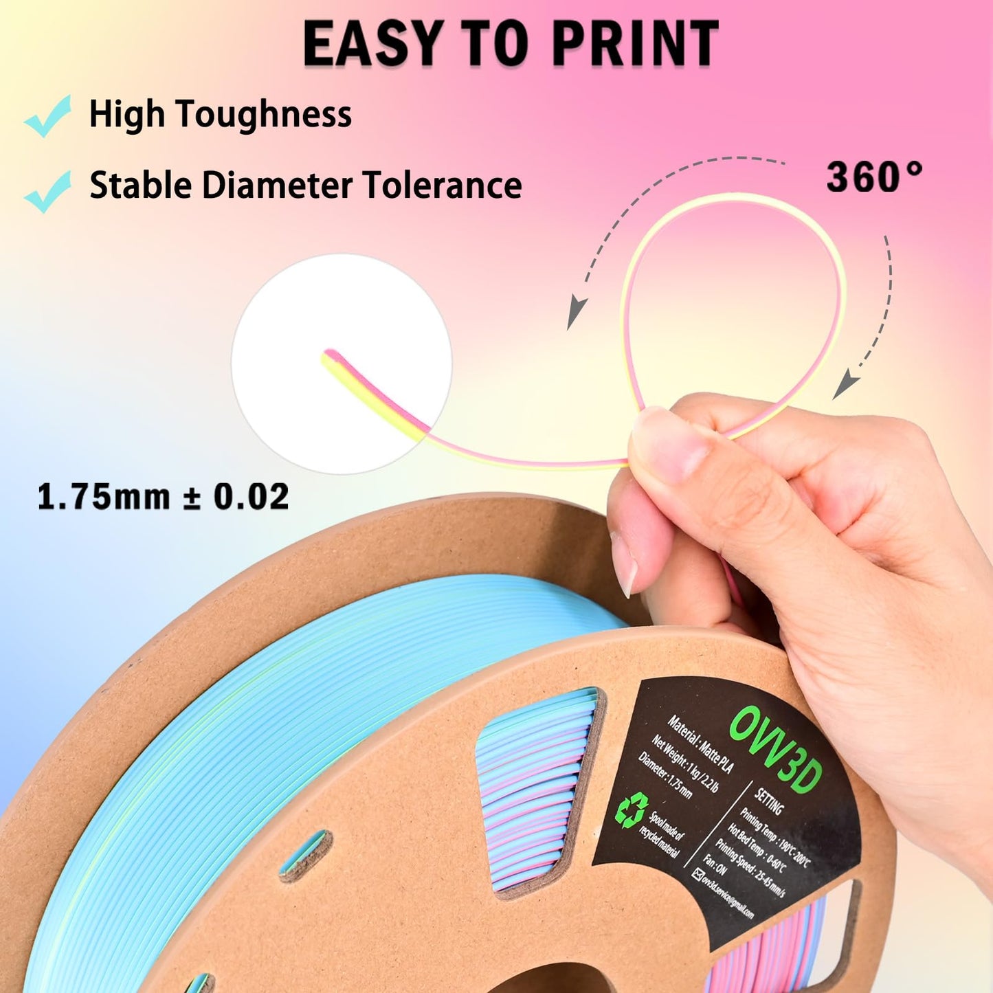 OVV3D PLA Filament 1.75mm, Matte PLA Tri-Color Rainbow, Macaron, 3D Printing Filament Pink Yellow Blue