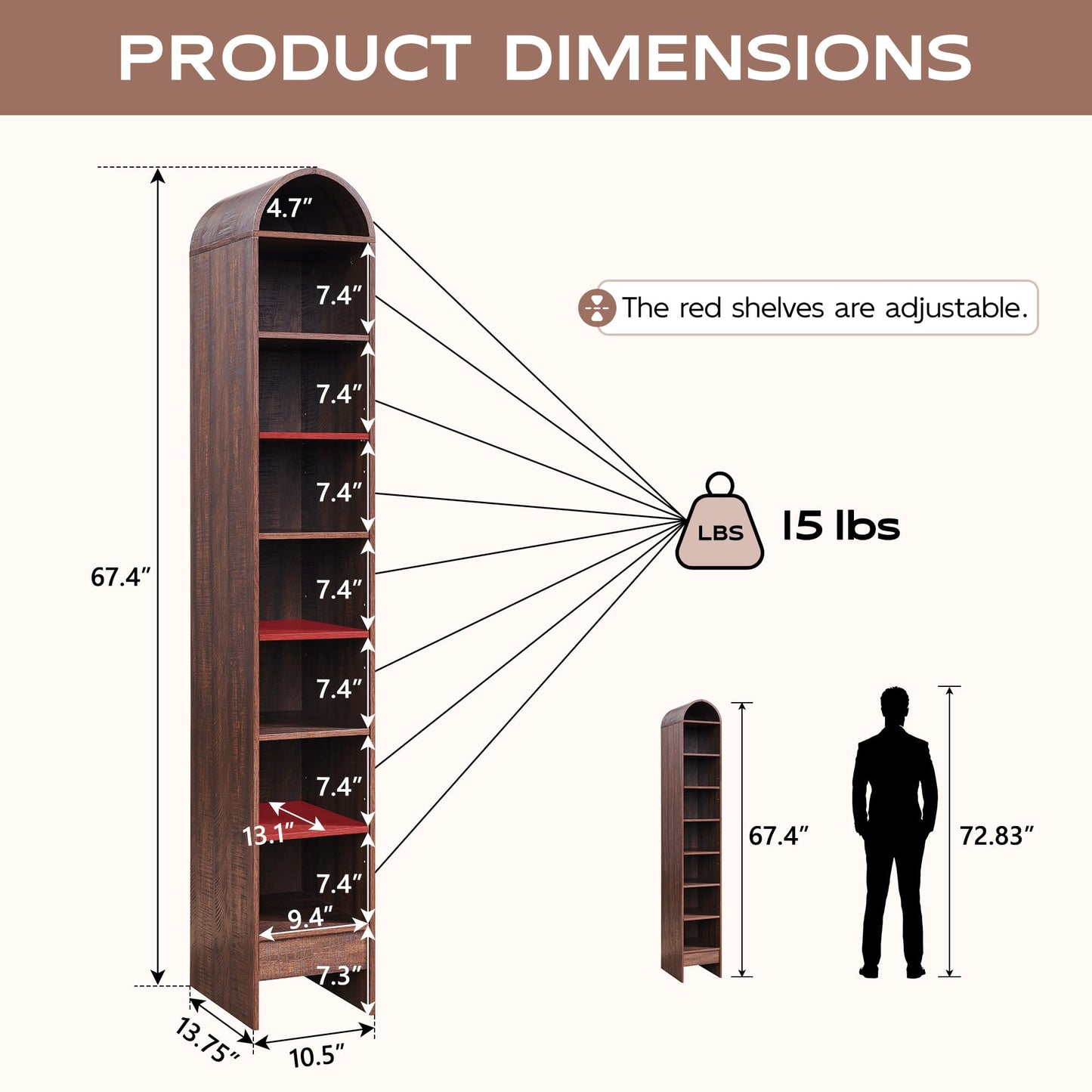 Narrow- 67" Tall Arched Bookshelf, 8 Tiers Arch Bookcase with Storage