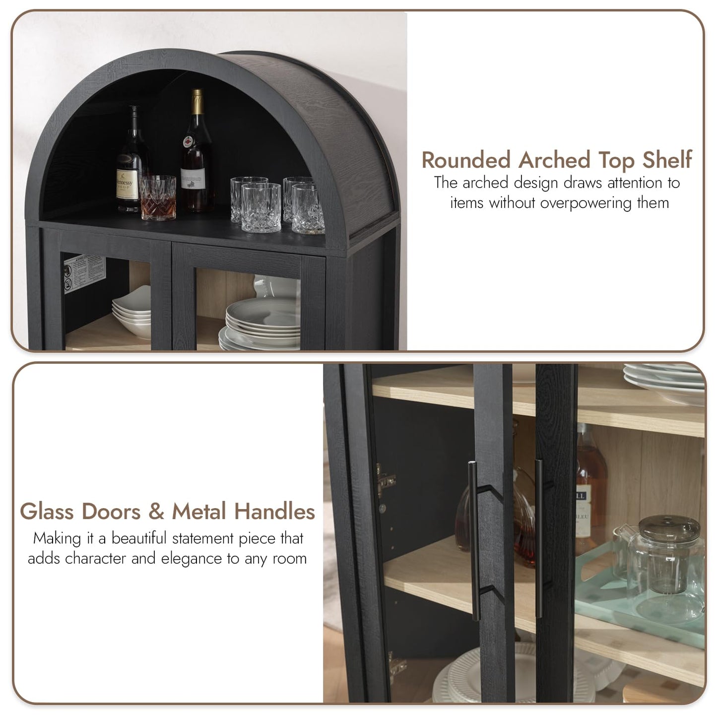 71" Tall Arched Display Cabinet, 5-Tier Bookshelf Modern Farmhouse Arched Bookcase with Glass Doors and Shelves