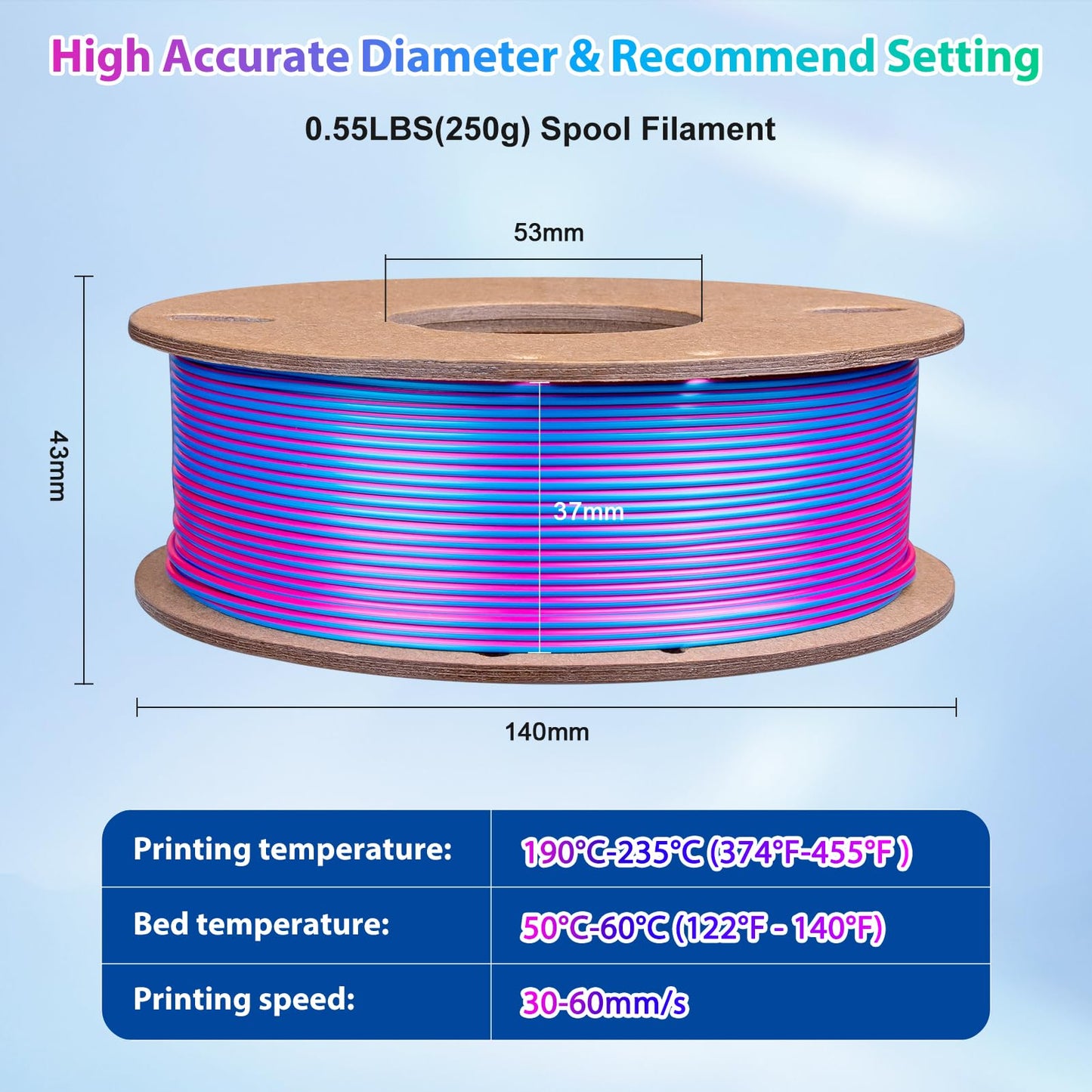 Silk PLA 3D Printer Filament- Triple Color- Rose Red, Sky Blue, Green