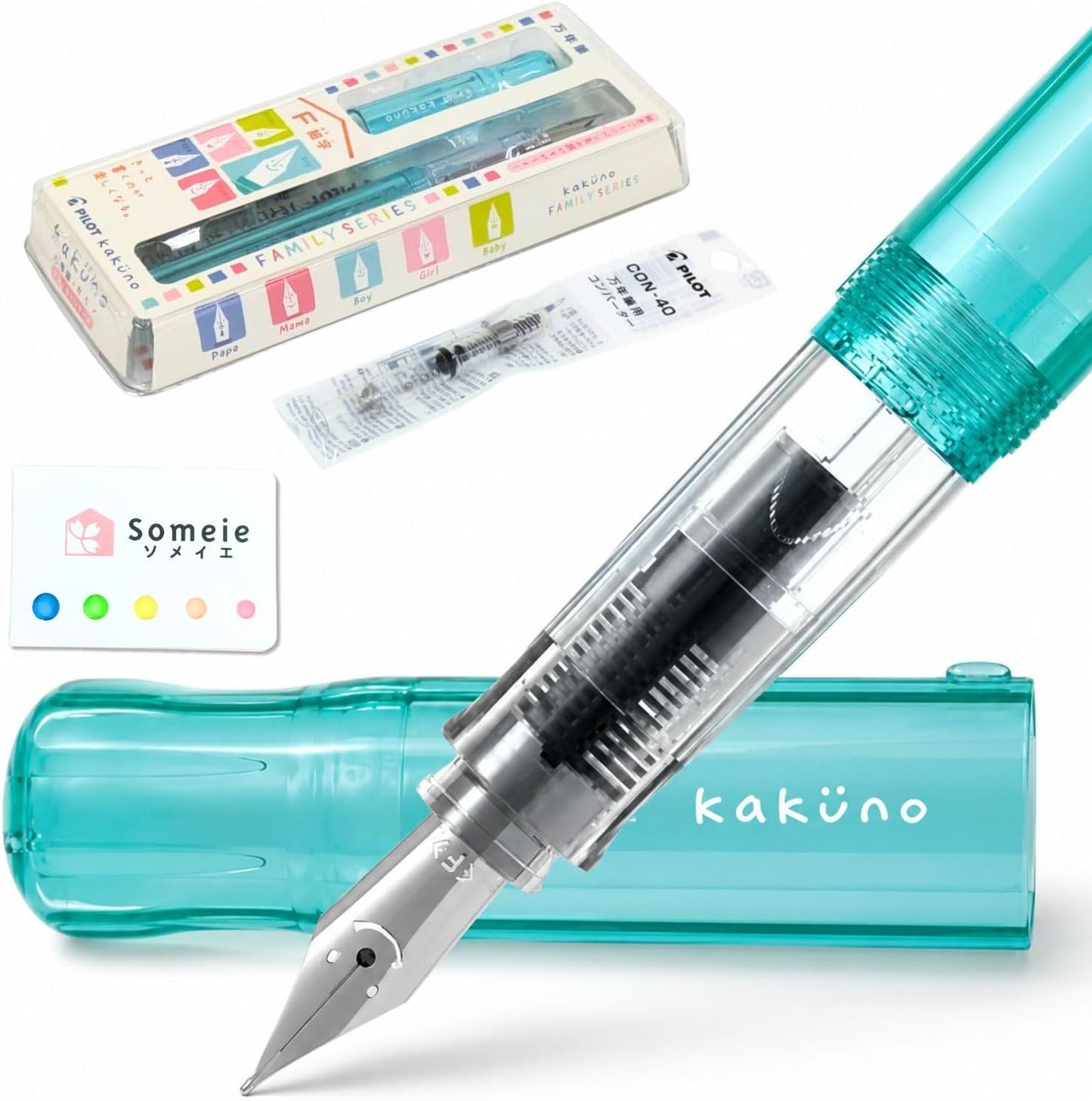 Someie Fountain Pen Set CON-40 Converter & Kakuno Fine Nib with Black Ink Cartridge & Sticky Notes – Refillable Ink System, Calligraphy