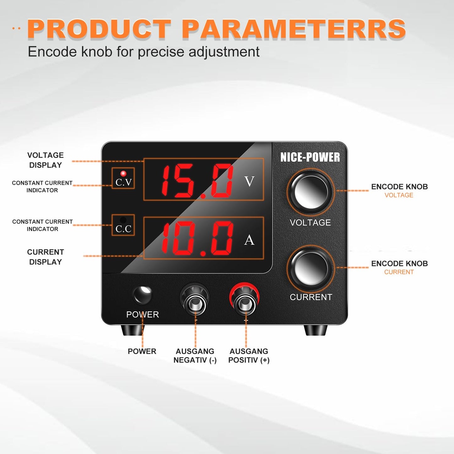 NICE-POWER DC Power Supply Variable 0~30V 0~10A, 3-Digits LED Display Current and Voltage Adjustable 150W Fixed with Encoder DC Bench Power Supply 15V 10A/30V 5A,Electroplating DIY etc PSU