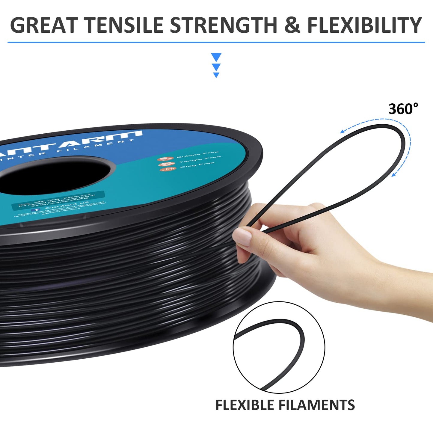 Flexible Soft- GIANTARM TPU Filament 1.75mm,  Black, 95A 1kg Spool (2.2 lbs.)