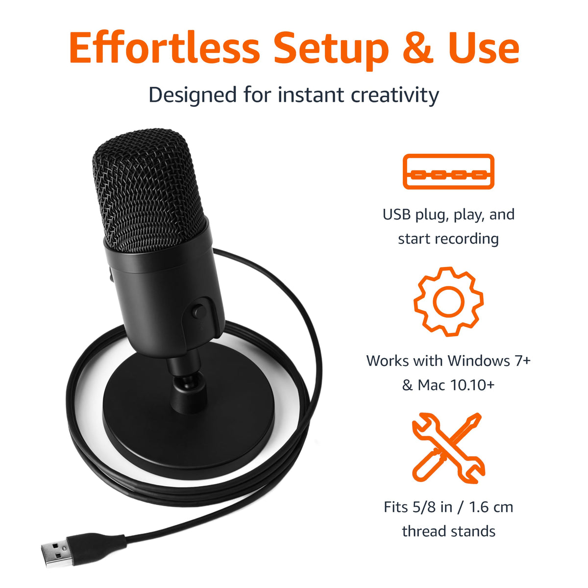 Microphone for PC, 360° Adjustable Stand, Plug and Play, 5.8" x 3.4", Black