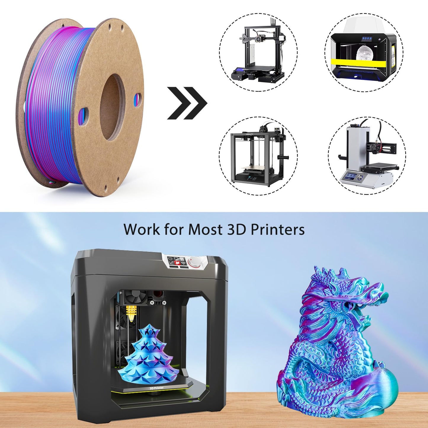 Silk PLA 3D Printer Filament- Triple Color- Rose Red, Sky Blue, Green