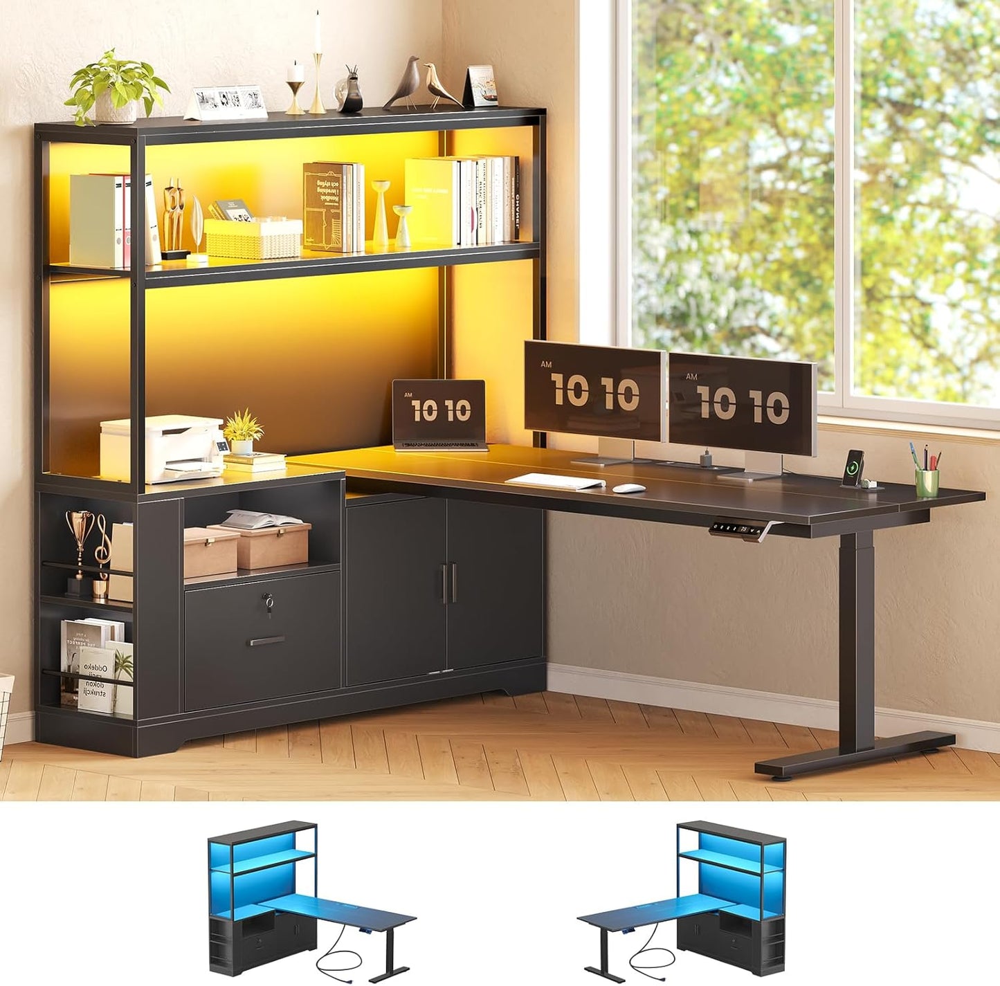 L Shaped Standing Desk, Drawers & Hutch, LED Lights