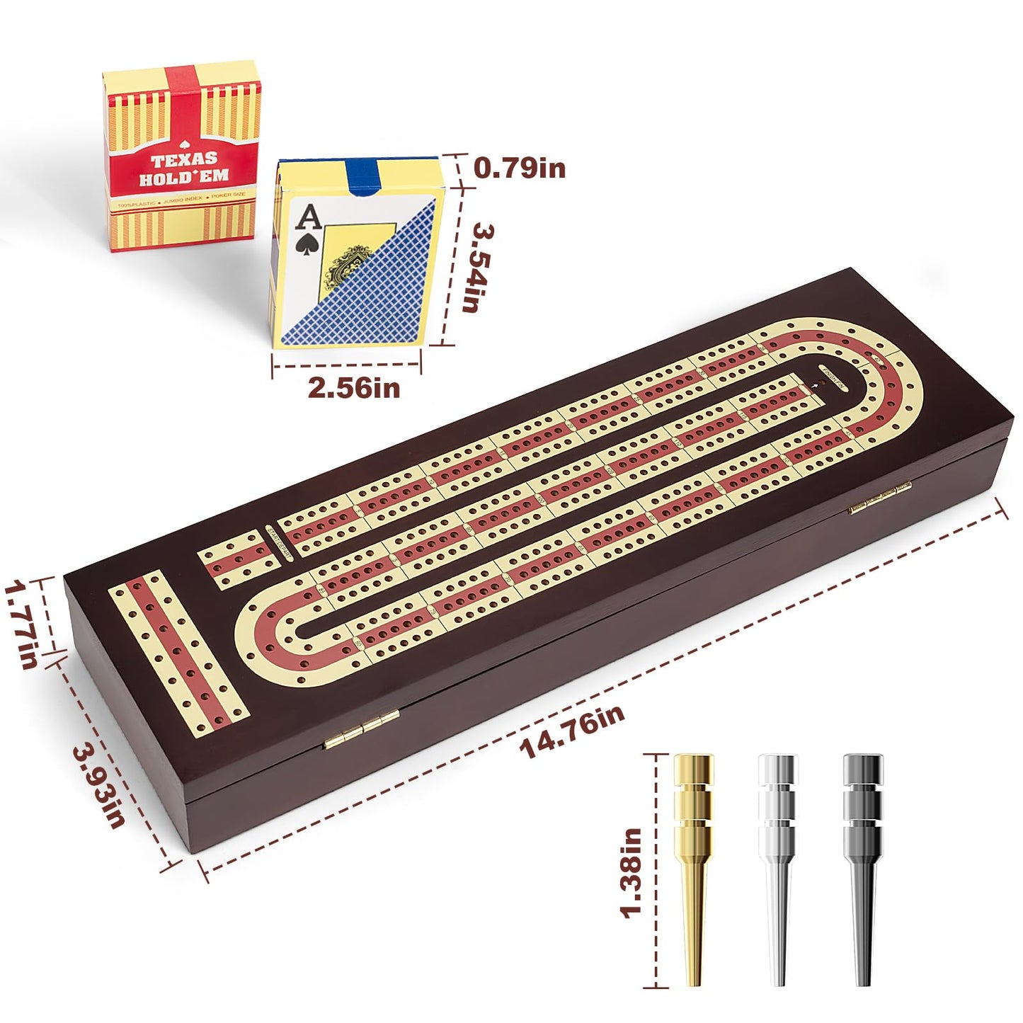 Cribbage Board Game Set, Wooden Board with Magnetic Lock and Metal Pegs