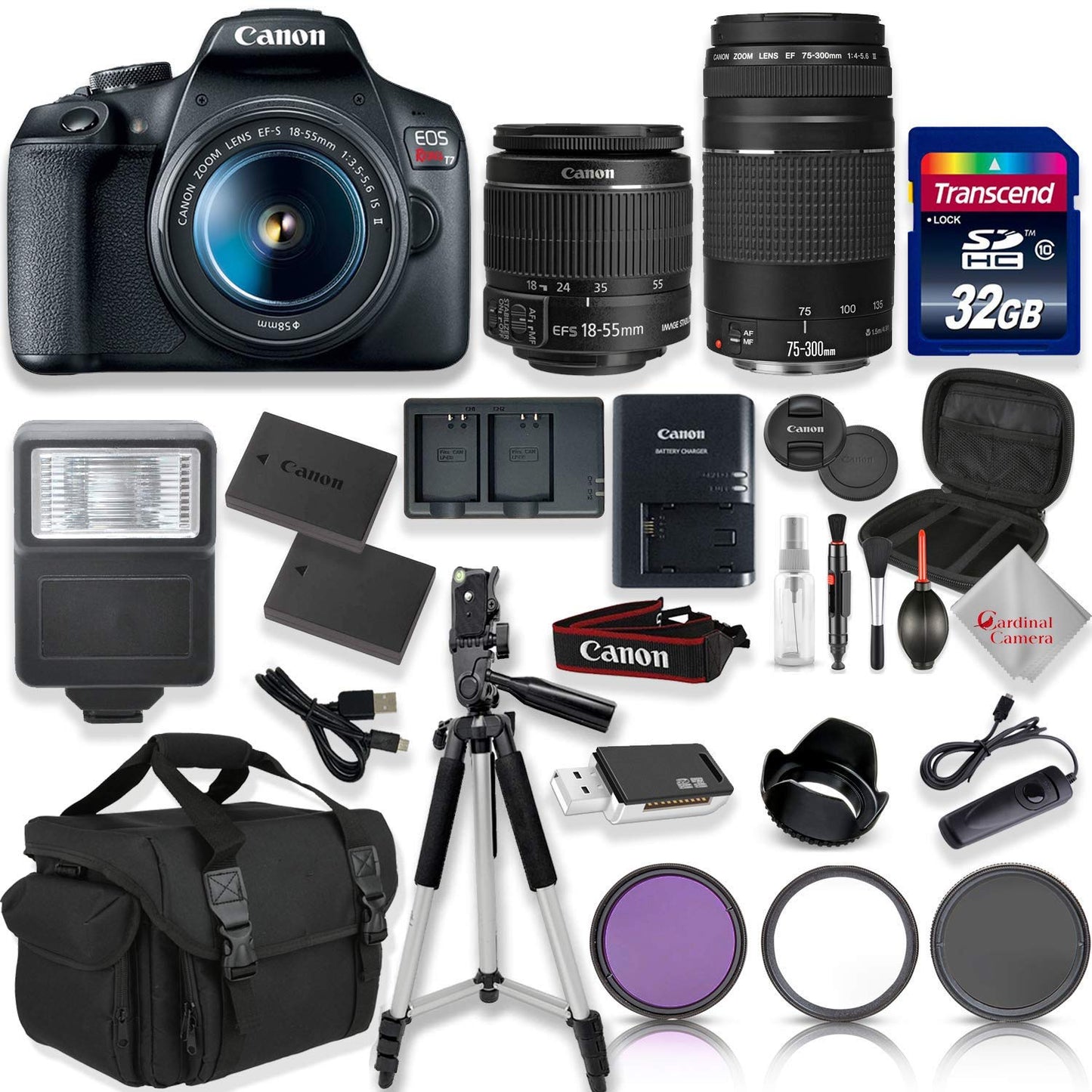 Canon EOS Rebel T7 DSLR Camera with 18-55mm EF-s f/3.5-5.6 is II Lens & EF 75-300mm f/4-5.6 III Lens + 32GB High Speed Memory + Shoulder Bag + Tripod + Full Accessory Bundle