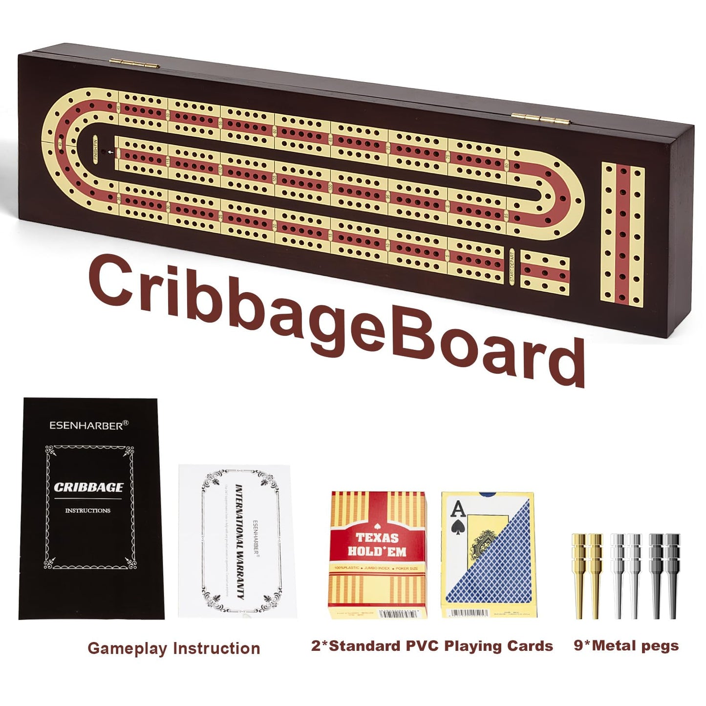 Cribbage Board Game Set, Wooden Board with Magnetic Lock and Metal Pegs