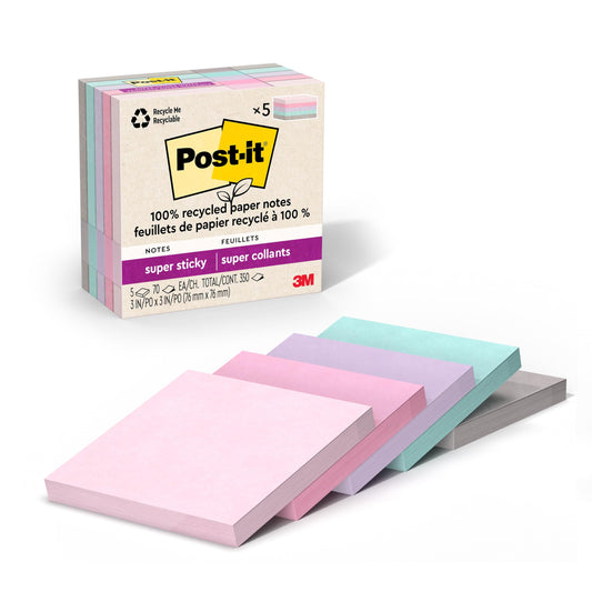 Post-it 100% Recycled Paper Super Sticky Notes, 3 in. x 3 in., 5 Pads, 70 Sheets per Pad, Wanderlust Pastels, School Supplies and Office Products