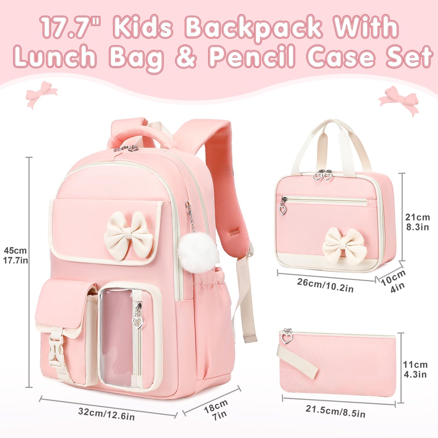 GeeWin Girls Backpack for School Cute Bow with Lunch Box & Pencil Case Set- Pink Beige