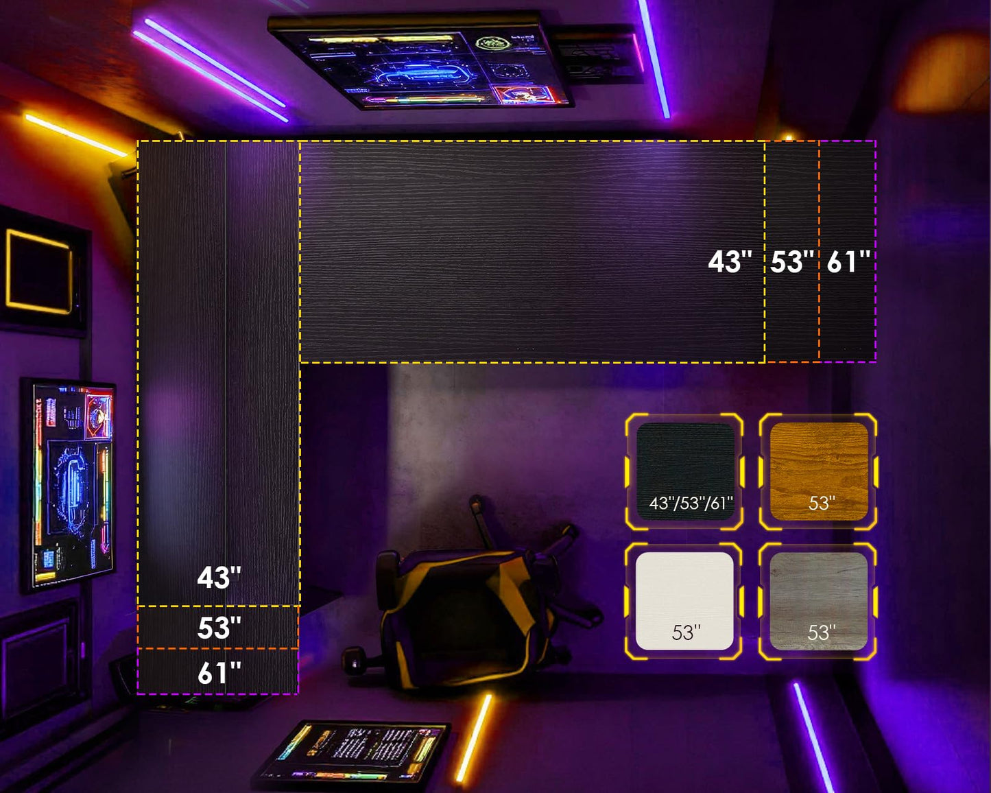 L Shaped Desk with LED Lighting- Black- 53 inch