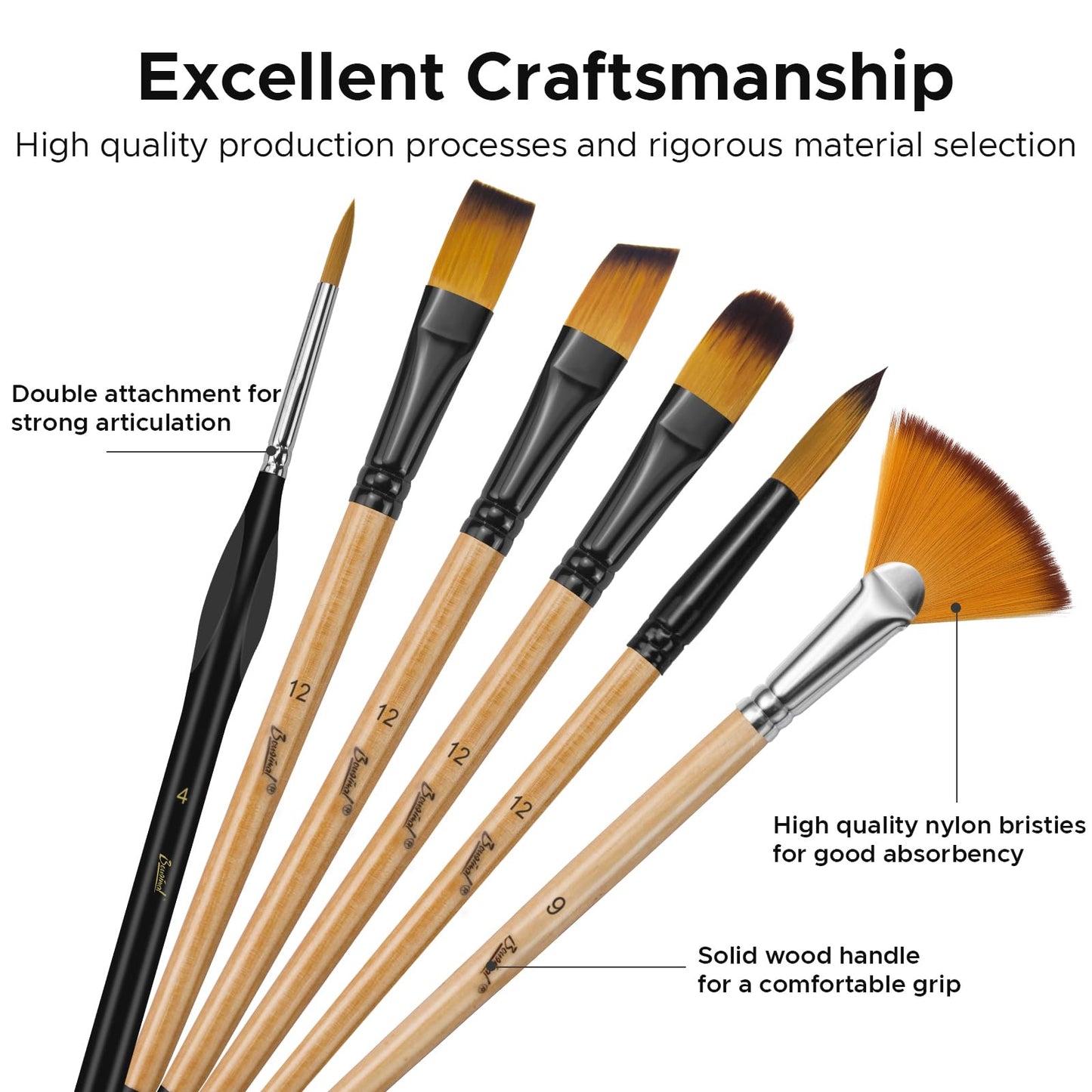 Bougimal 32 Pcs Paint Brush Set, Artist Paint Brushes for Acrylic Painting, Oil, Watercolor, Gouache, with Flat Round Filbert Fan Angle Detail Brush, Suitable for Artists and Beginners