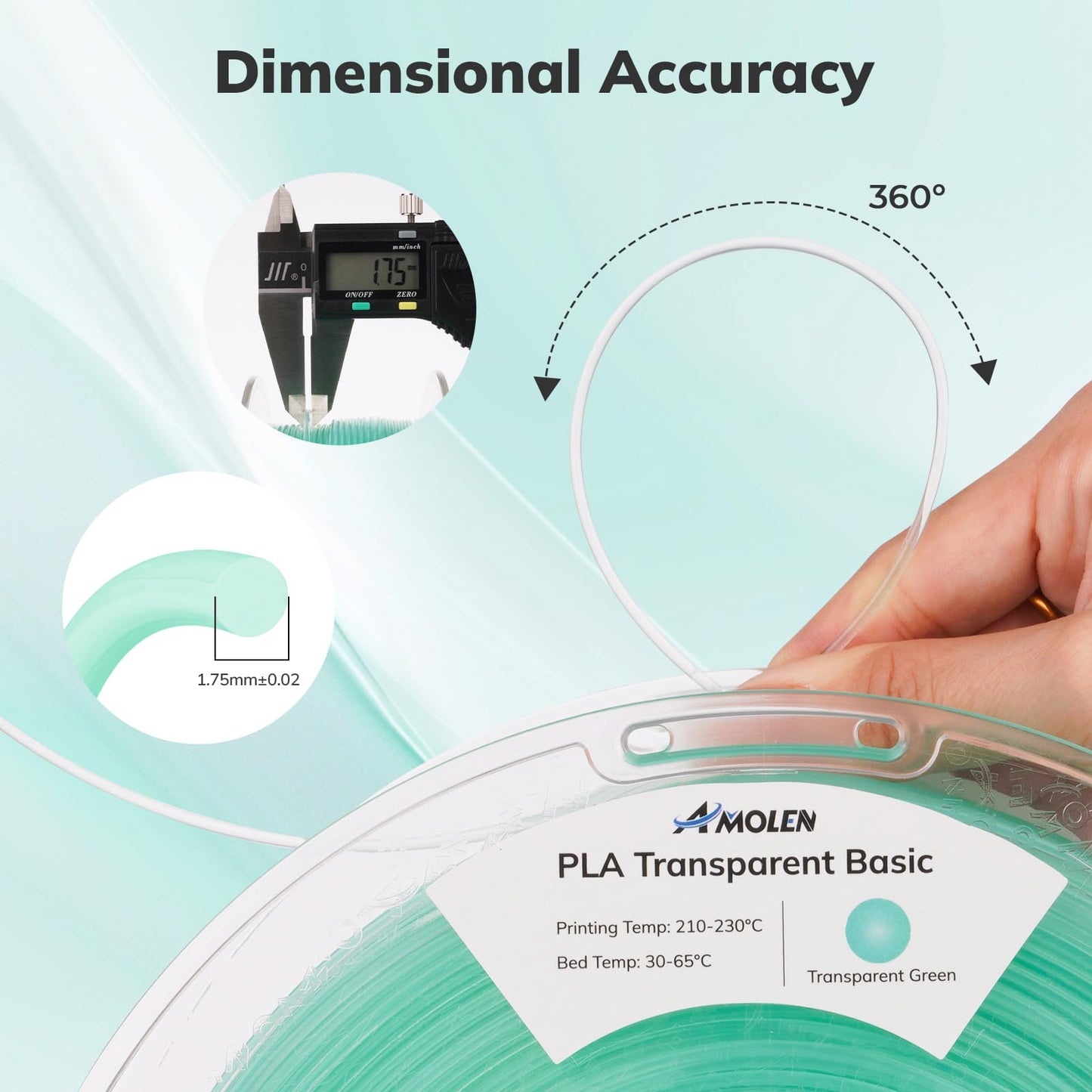 AMOLEN 3D Printer Filament Crystal, PLA Transparent 1.75mm, Crystal Green Clear