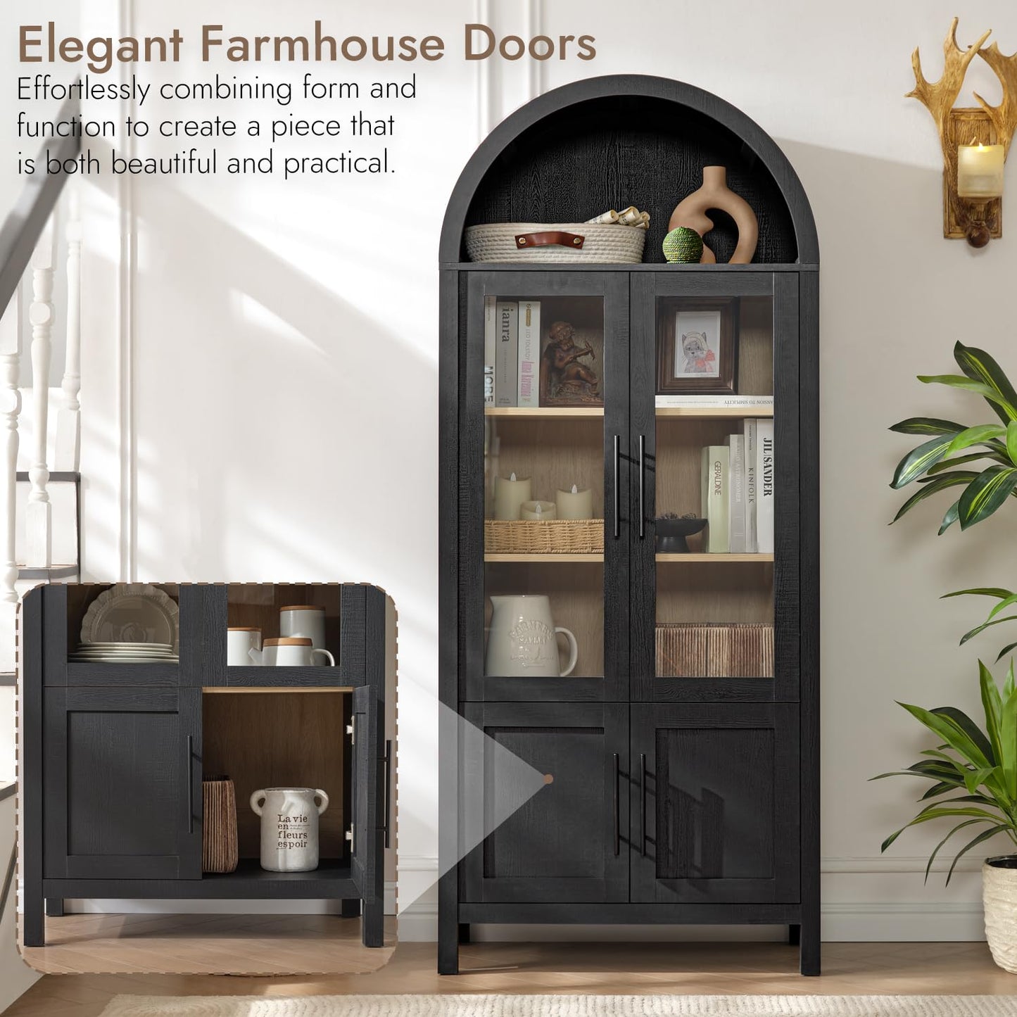 71" Tall Arched Display Cabinet, 5-Tier Bookshelf Modern Farmhouse Arched Bookcase with Glass Doors and Shelves