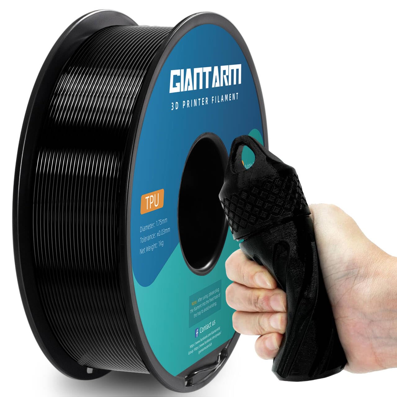 Flexible Soft- GIANTARM TPU Filament 1.75mm,  Black, 95A 1kg Spool (2.2 lbs.)