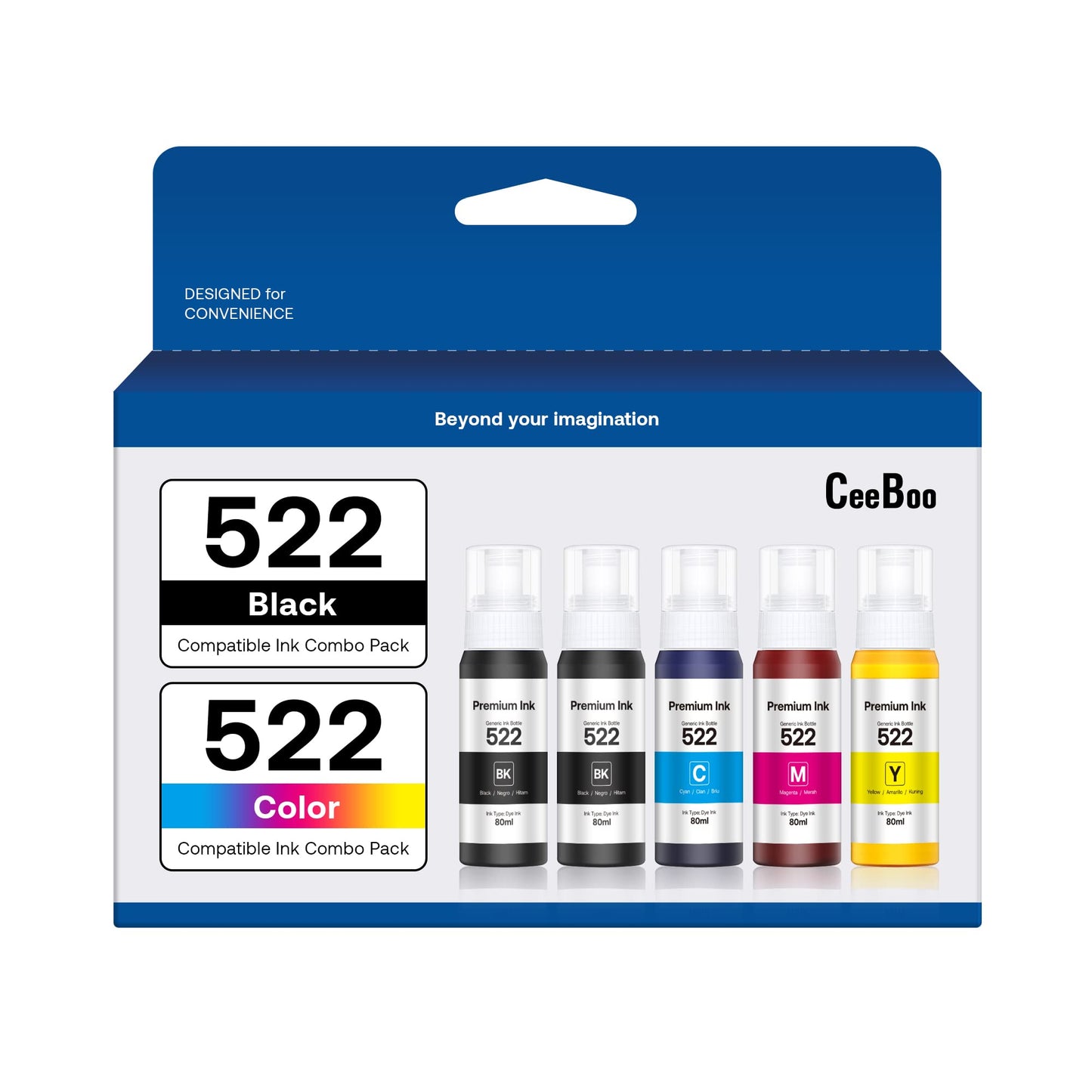 522 High Capacity (5 Bottles) Refill Ink Bottle Replacement for Use for EcoTank ET-2803 ET-2800 ET-2720 ET-4800 Printer