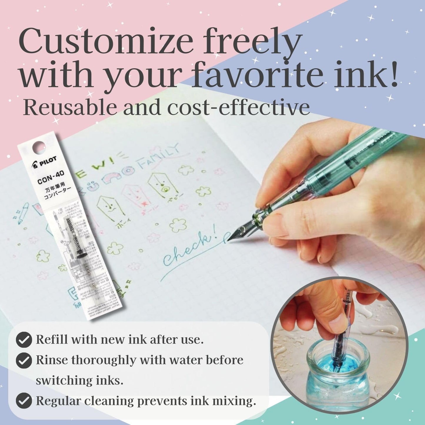 Someie Fountain Pen Set CON-40 Converter & Kakuno Fine Nib with Black Ink Cartridge & Sticky Notes – Refillable Ink System, Calligraphy
