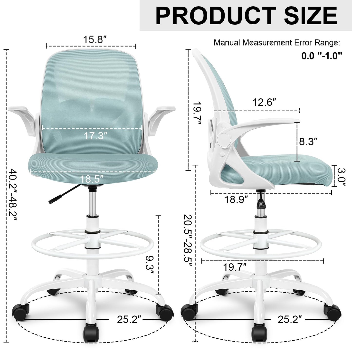 Primy Drafting Chair Tall Office Chair with Flip-up Armrests Executive Ergonomic Computer Standing Desk Chair with Lumbar Support and Adjustable Footrest Ring（Light Blue）