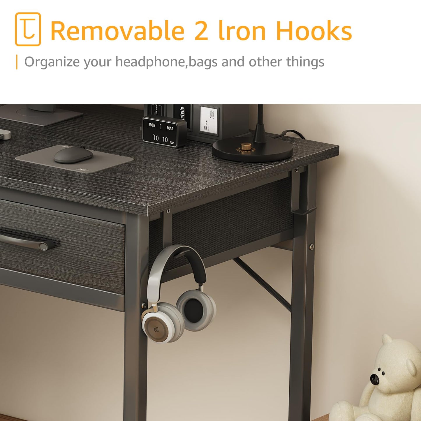 Small Desk with Fabric Drawers, 32 Inch