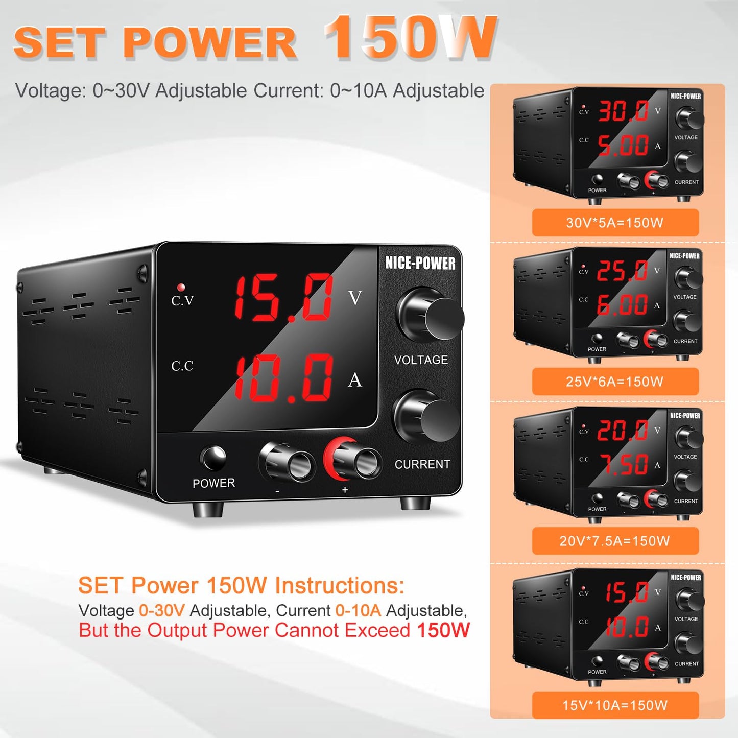 NICE-POWER DC Power Supply Variable 0~30V 0~10A, 3-Digits LED Display Current and Voltage Adjustable 150W Fixed with Encoder DC Bench Power Supply 15V 10A/30V 5A,Electroplating DIY etc PSU