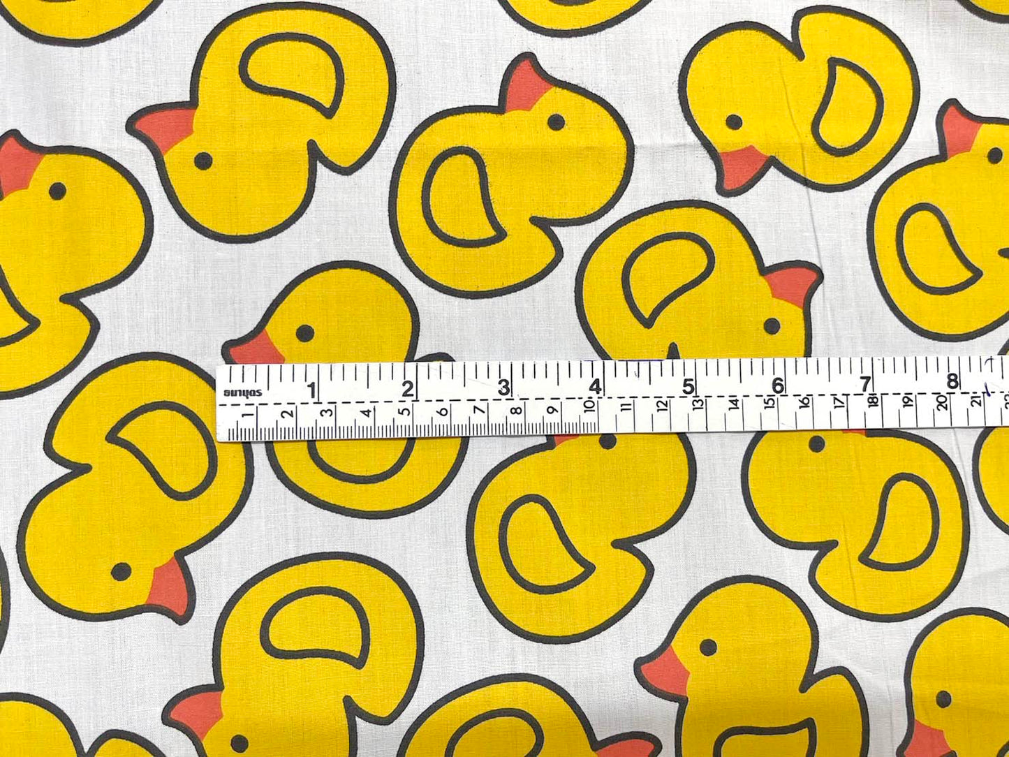 Fabric- 1 yard- Yellow Bird Happy Rubber Duck Printed On White Cotton Fabric