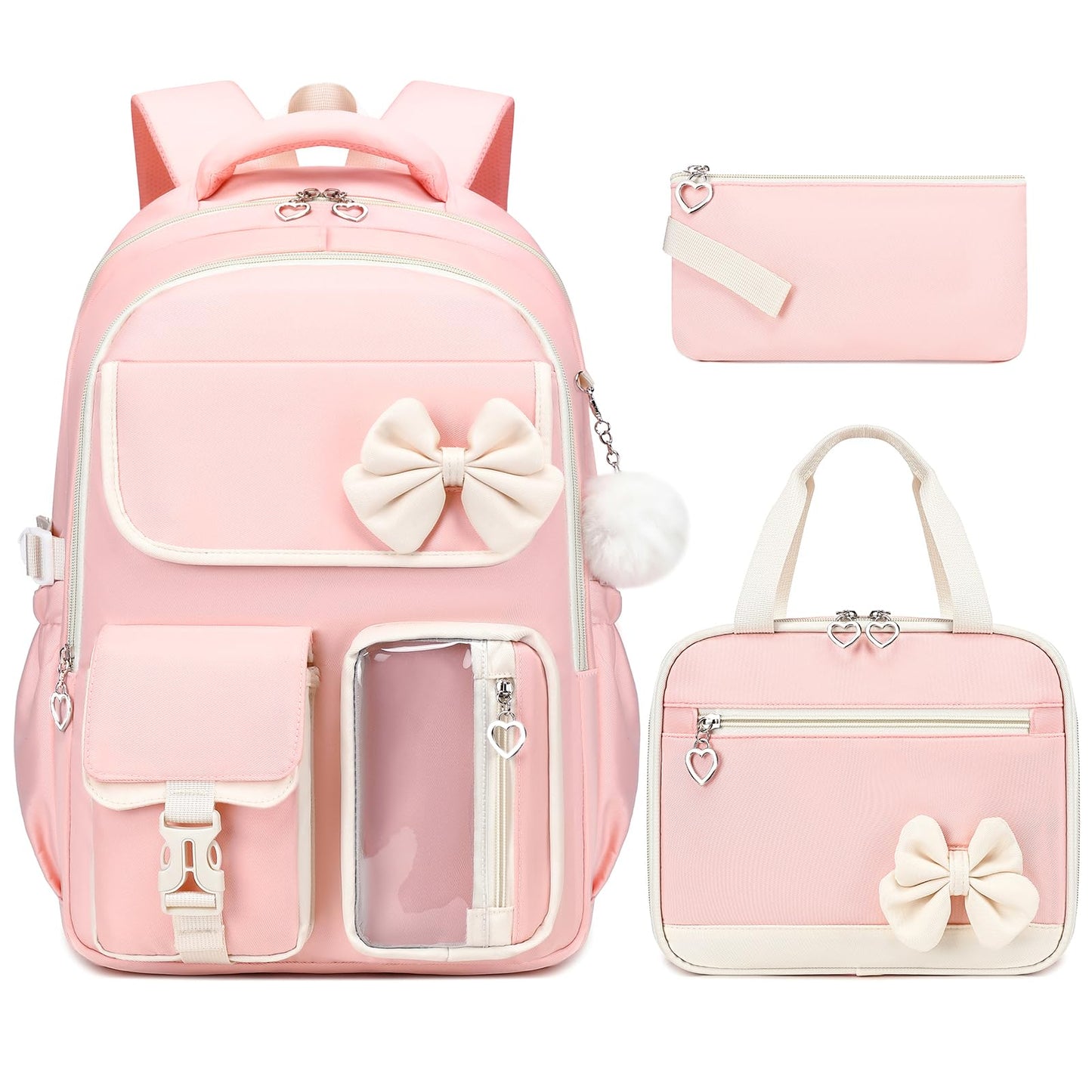 GeeWin Girls Backpack for School Cute Bow with Lunch Box & Pencil Case Set- Pink Beige