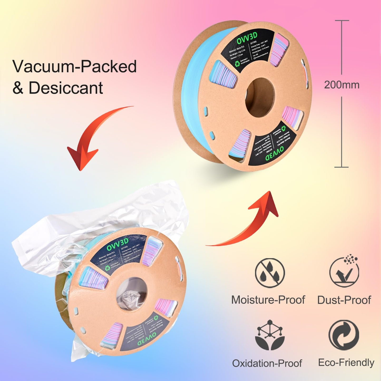 OVV3D PLA Filament 1.75mm, Matte PLA Tri-Color Rainbow, Macaron, 3D Printing Filament Pink Yellow Blue