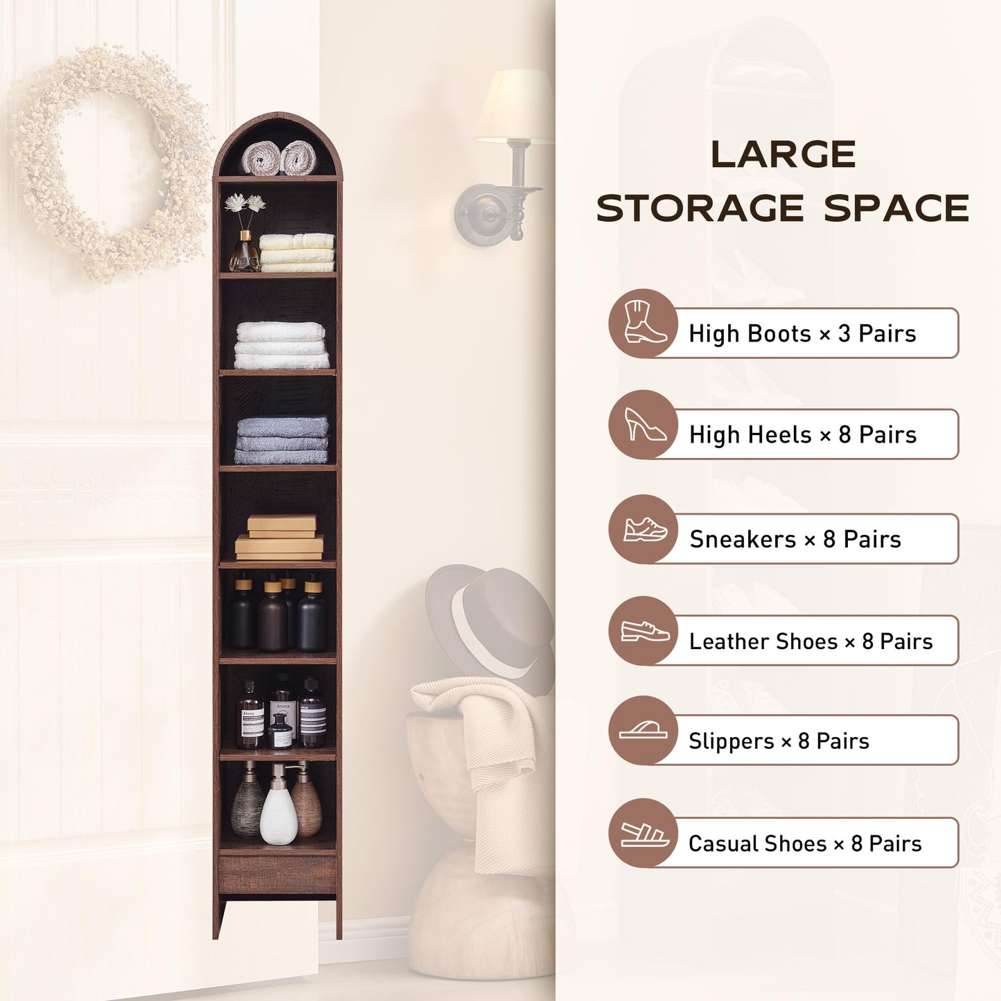 Narrow- 67" Tall Arched Bookshelf, 8 Tiers Arch Bookcase with Storage