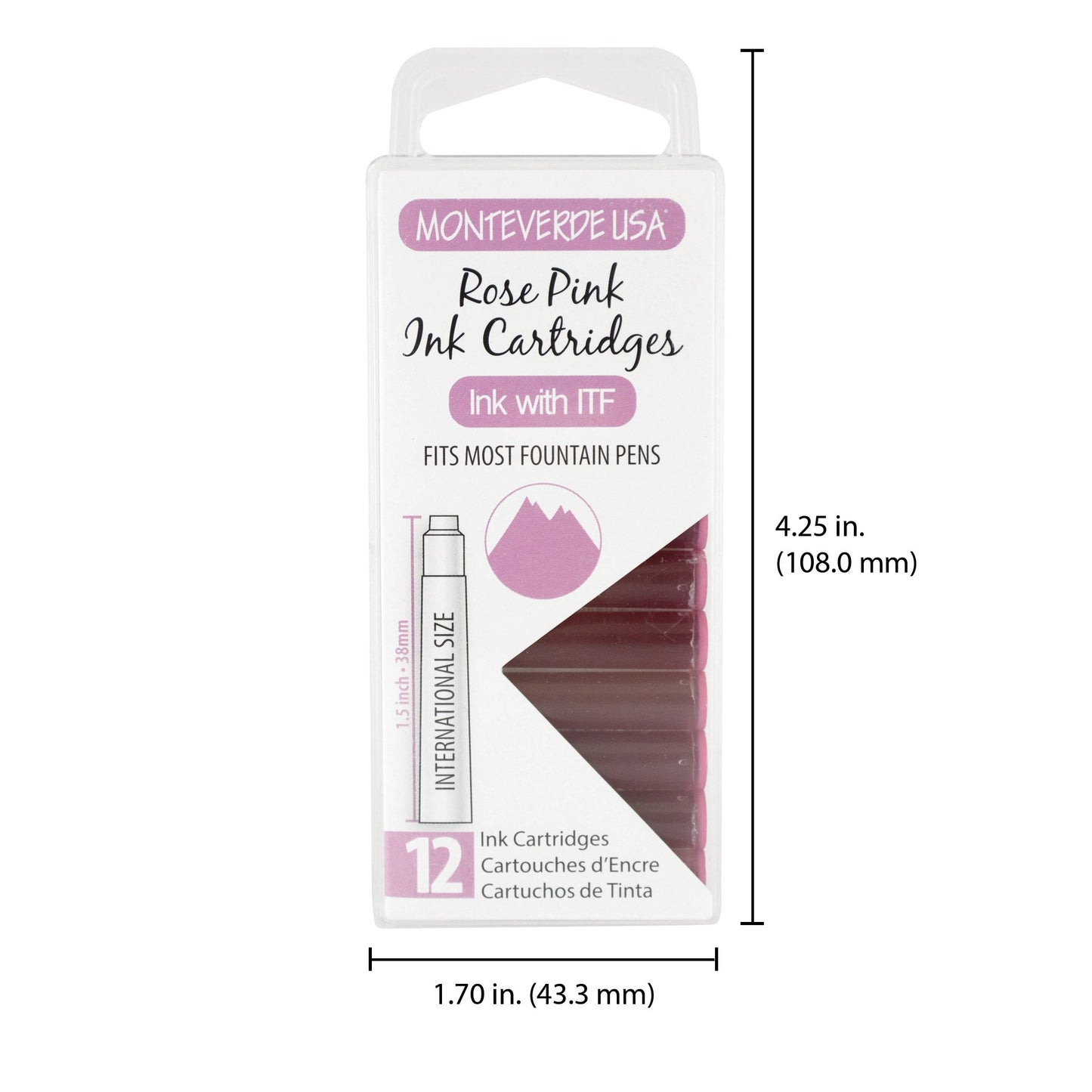 Monteverde USA International Standard Ink Cartridges - Rose Pink - Compatible with Most Fountain Pens, 12-Pack Box