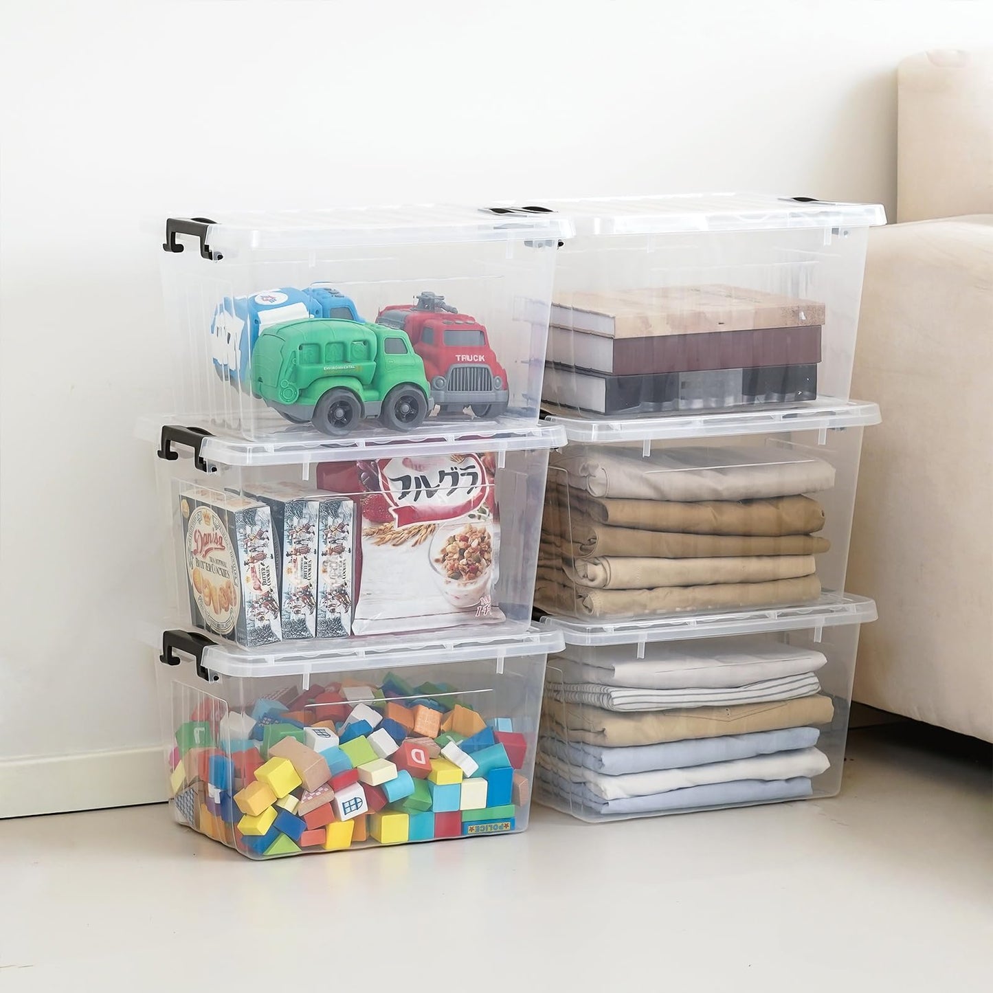 22 QT Clear Plastic Storage Bins with Lids Stackable and Nestable, 6 Packs