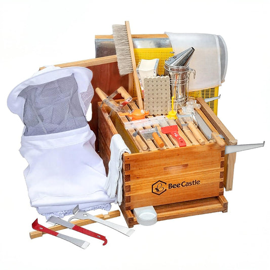 10-Frame Bee Hives and Supplies Starter Kit,Beehive Kit Dipped in 100% Beeswax,Bee Keeping Supplies-All Beginners Kit Includes Beekeeping Supplies Tool Set and Bee Suit.