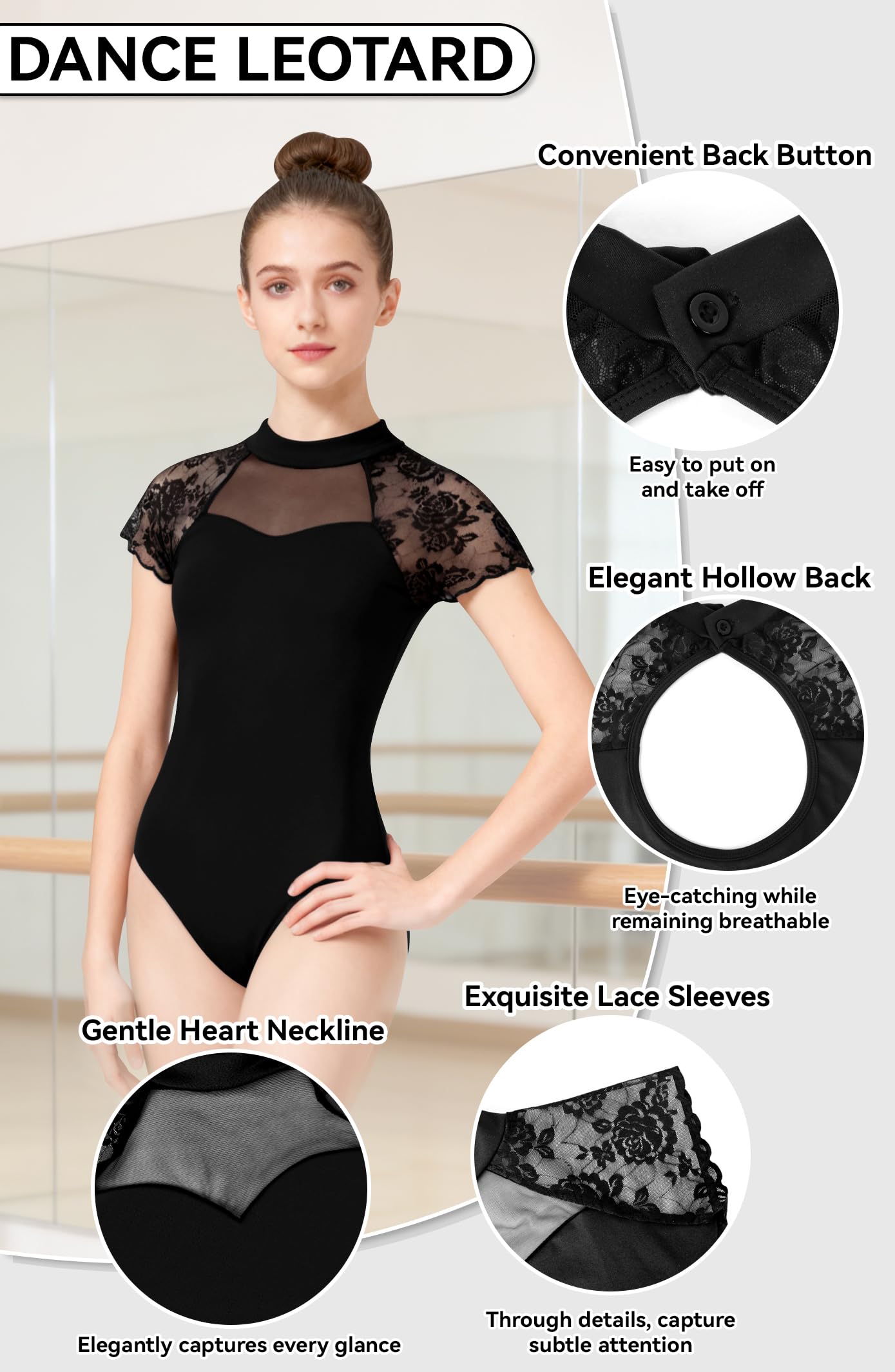BAKPH Women Turtleneck Cap Sleeve Dance leotard for Ballet, black