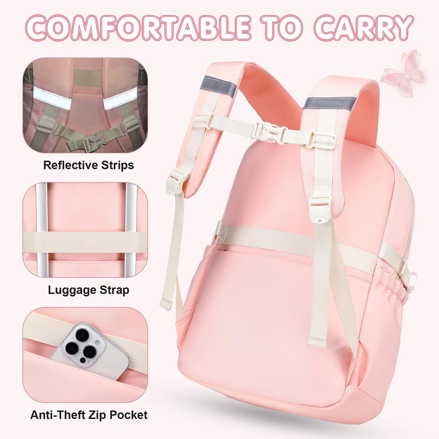 GeeWin Girls Backpack for School Cute Bow with Lunch Box & Pencil Case Set- Pink Beige