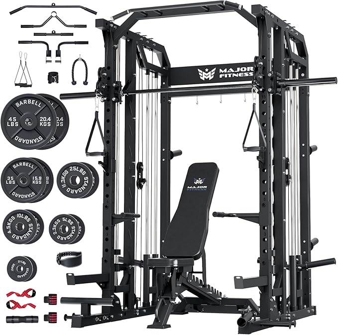Home Gym Squat Rack with Workout Set- Weight Bar, Dual LAT Pull-Down S ...