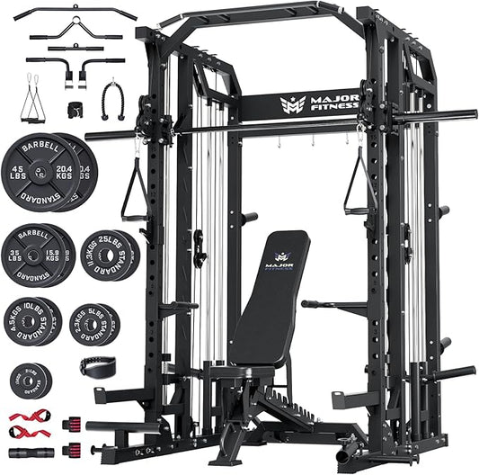 Home Gym Squat Rack with Workout Set- Weight Bar, Dual LAT Pull-Down Systems & Cable Crossover Machine for Full-Body Workouts