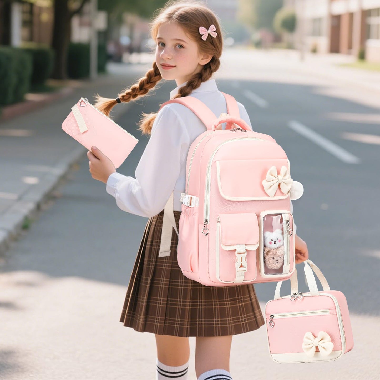 GeeWin Girls Backpack for School Cute Bow with Lunch Box & Pencil Case Set- Pink Beige