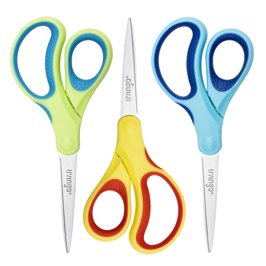 LIVINGO 7" Kids Scissors for School Pointed Tip 3 Pack