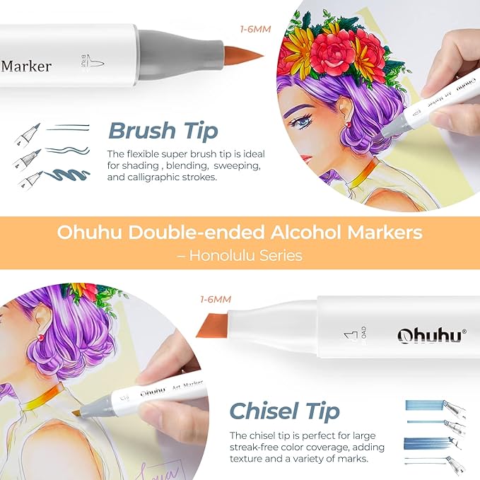 Ohuhu Alcohol Markers Brush Tip- 48 markers