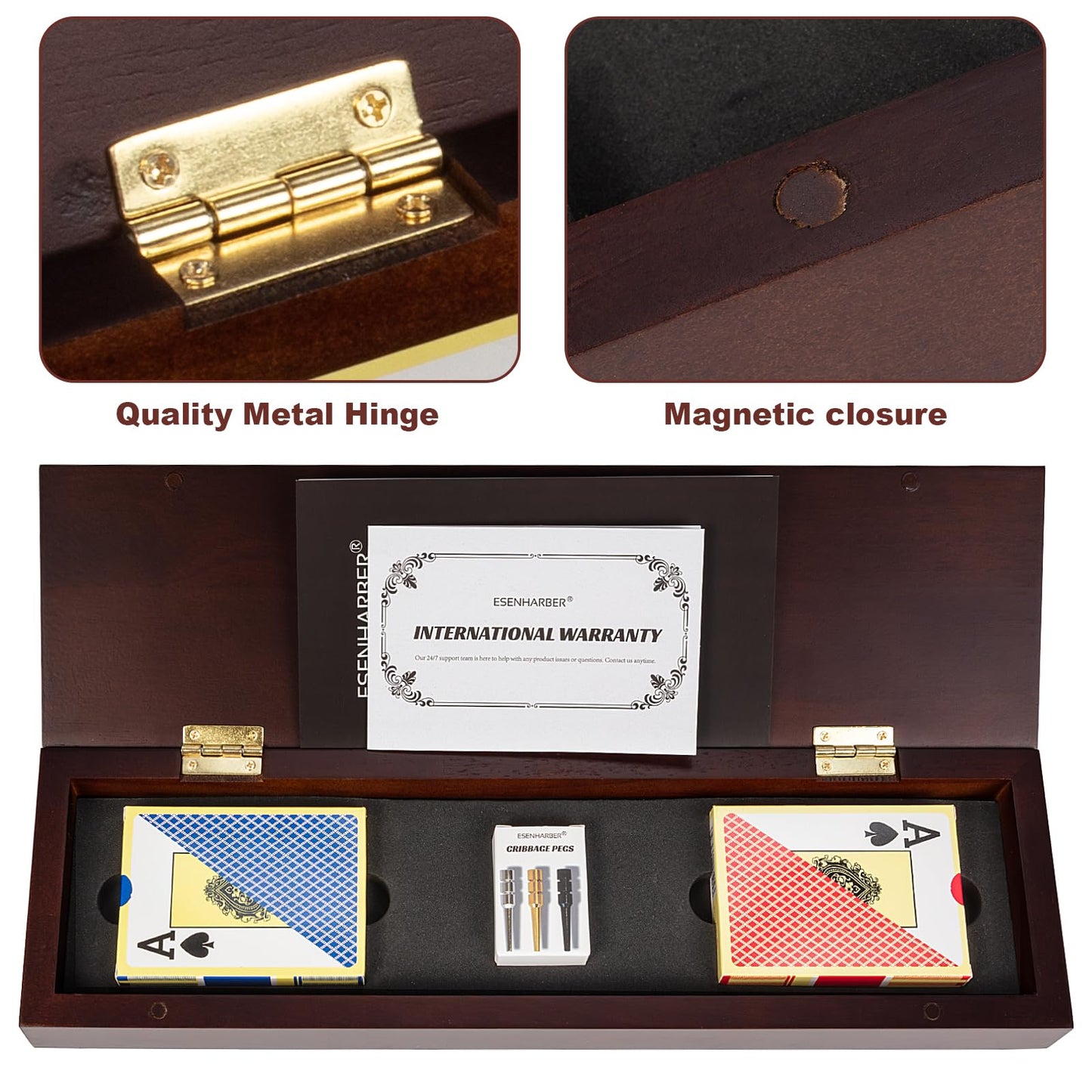 Cribbage Board Game Set, Wooden Board with Magnetic Lock and Metal Pegs