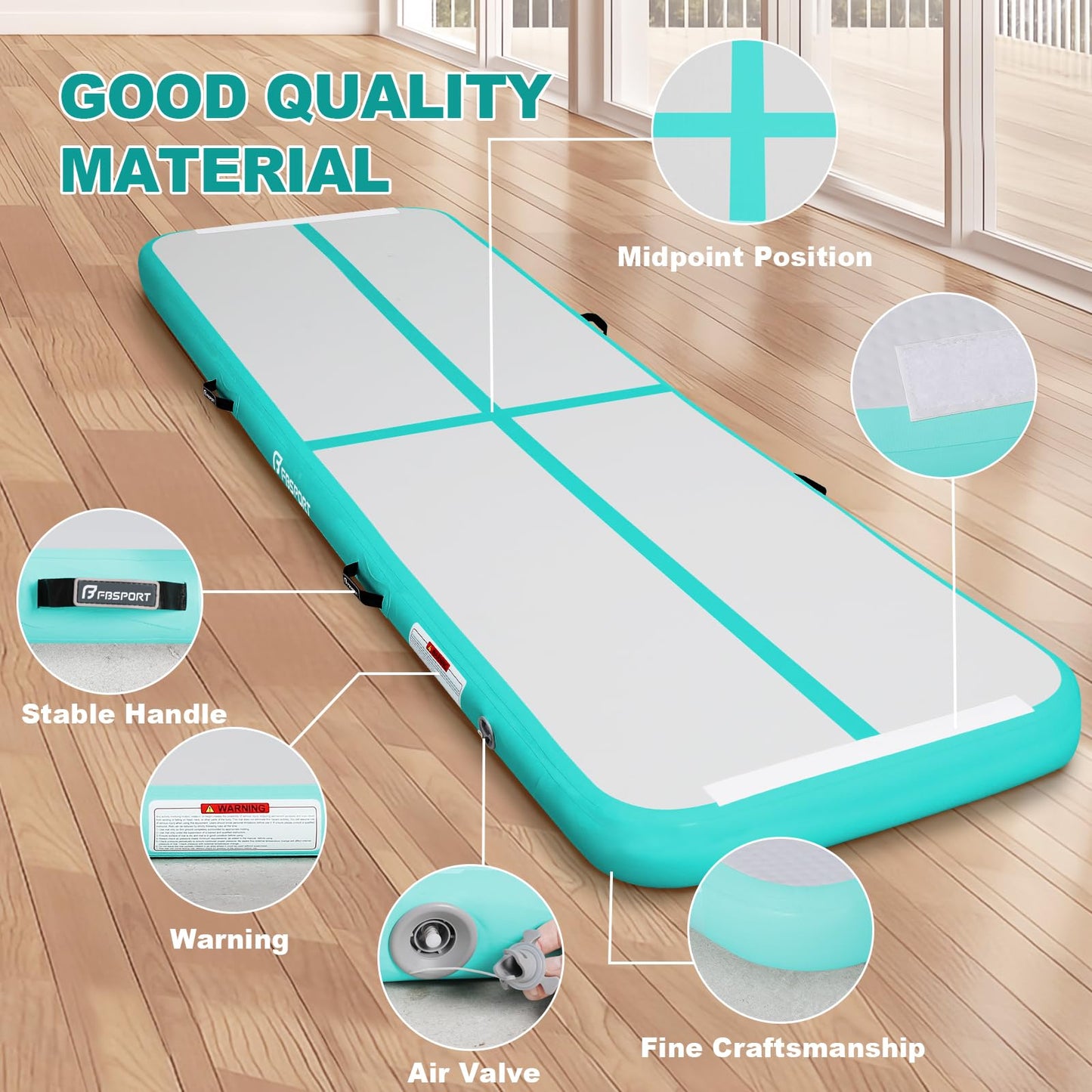 FBSPORT 16ft Inflatable Air Gymnastics Mat Training Mats 8 inches Thickness Gymnastics Tracks for Home Use/Training/Cheerleading/Yoga/Water with Pump