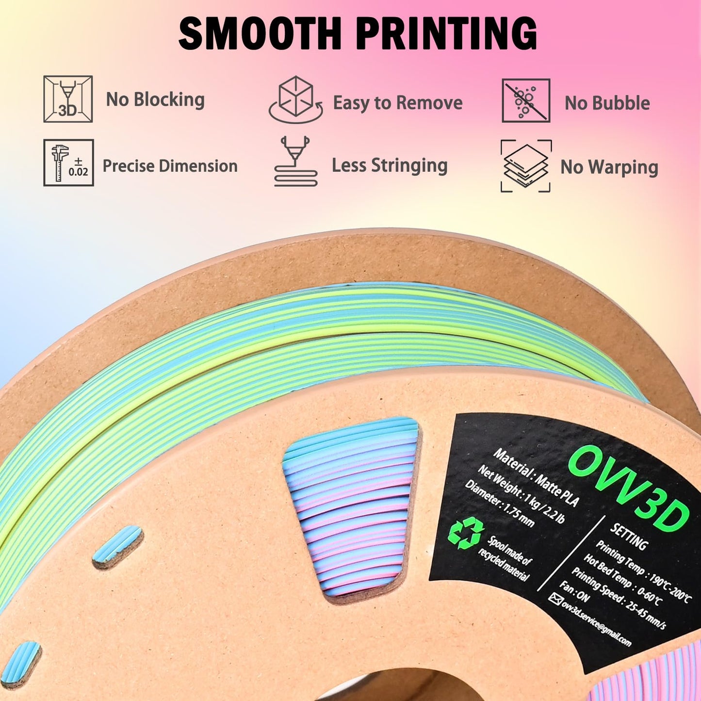 OVV3D PLA Filament 1.75mm, Matte PLA Tri-Color Rainbow, Macaron, 3D Printing Filament Pink Yellow Blue