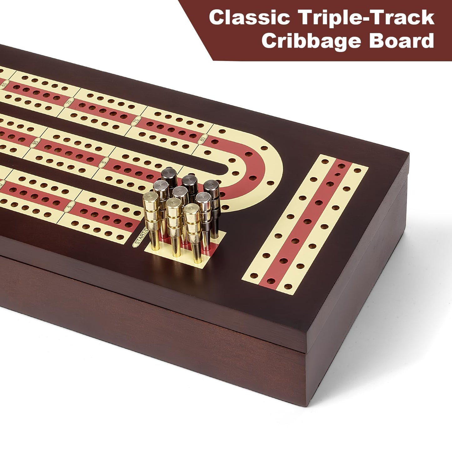 Cribbage Board Game Set, Wooden Board with Magnetic Lock and Metal Pegs