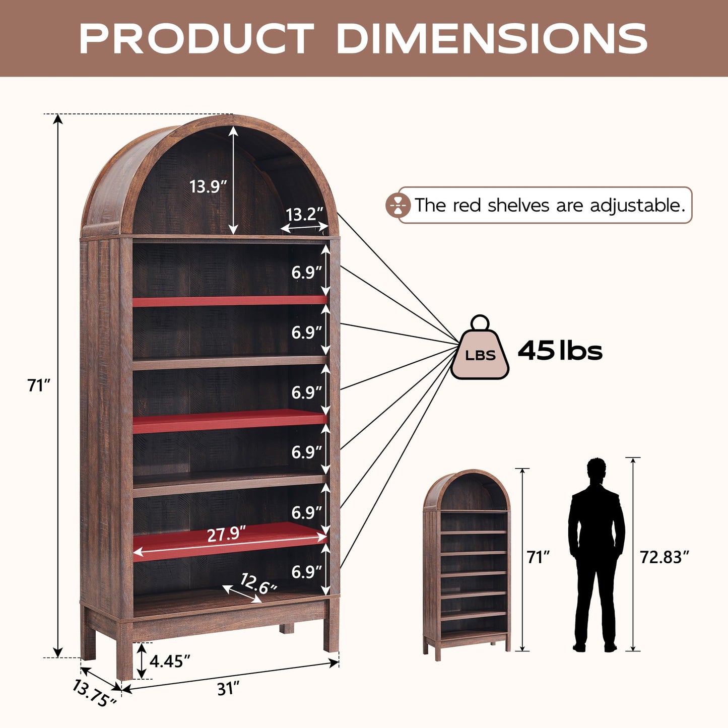 71" Tall Arched Bookshelf, 7 Tiers Arch Bookcase with Storage