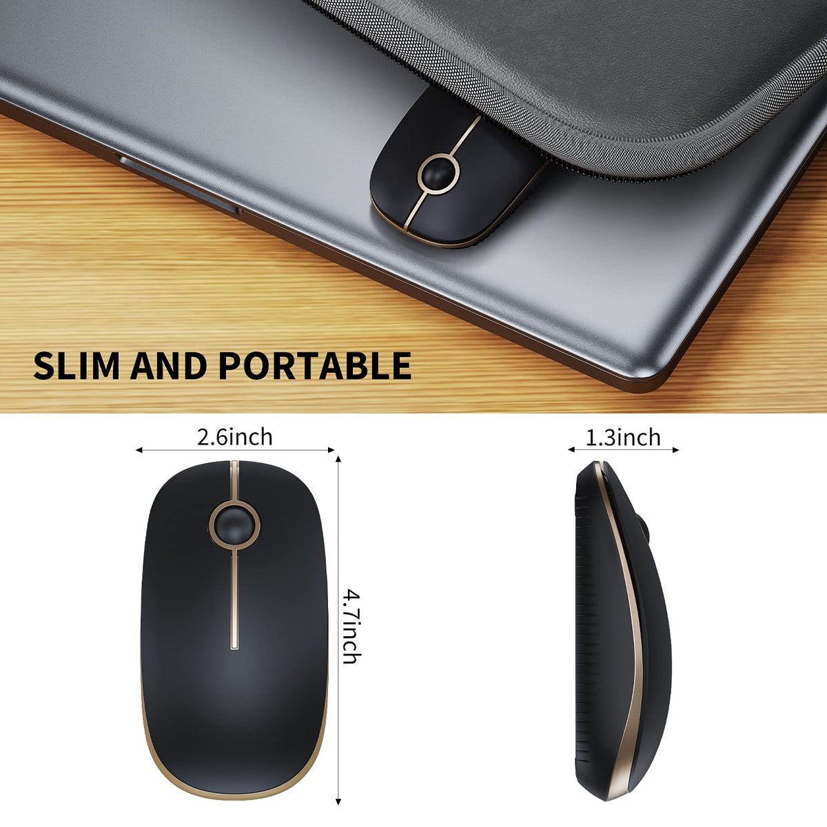 VssoPlor Wireless Mouse, 2.4G Slim Computer Laptop Mouse, Black and Gold