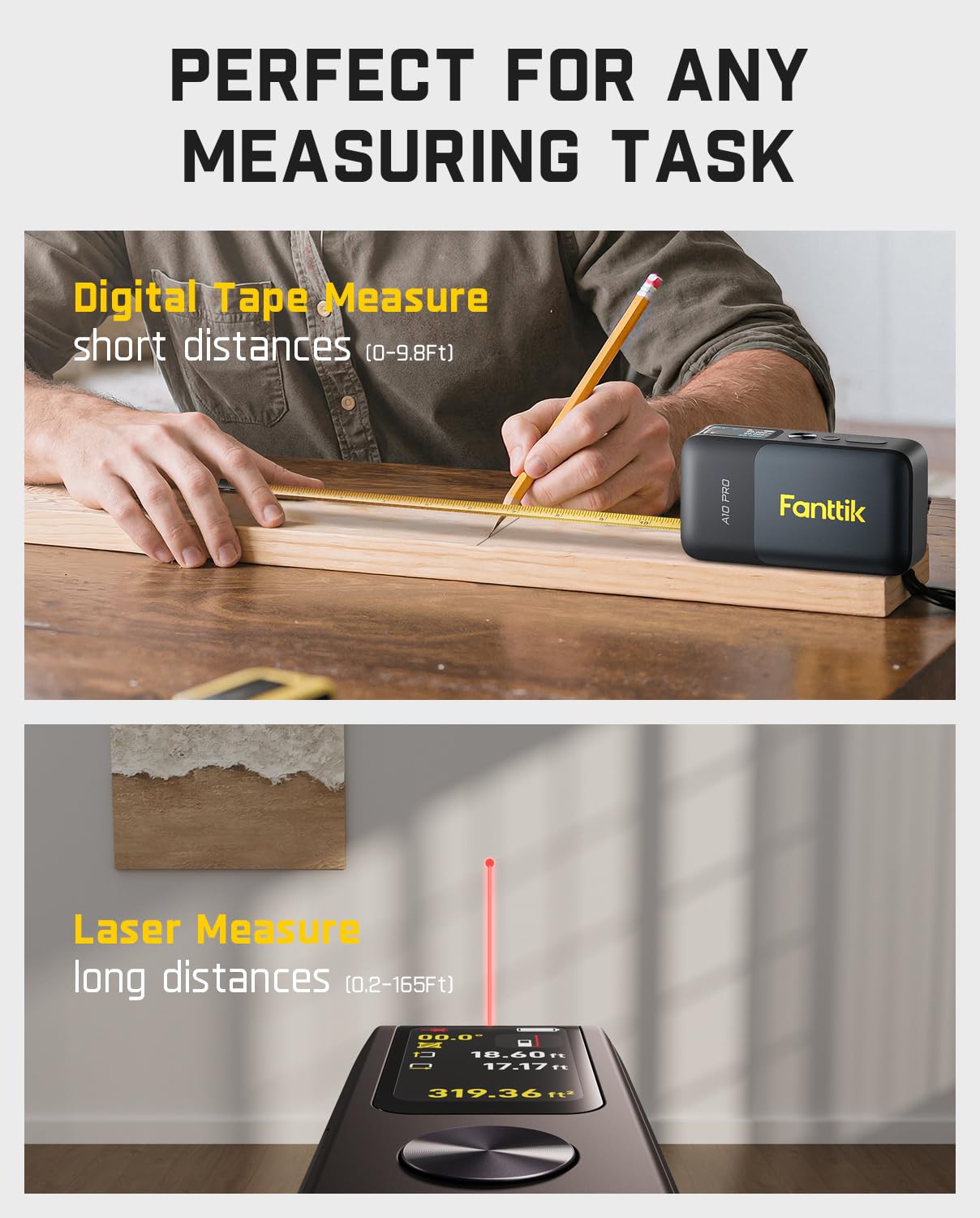 Fanttik A10 Pro 2-in-1 Digital Laser Tape Measure with HD IPS Color Display
