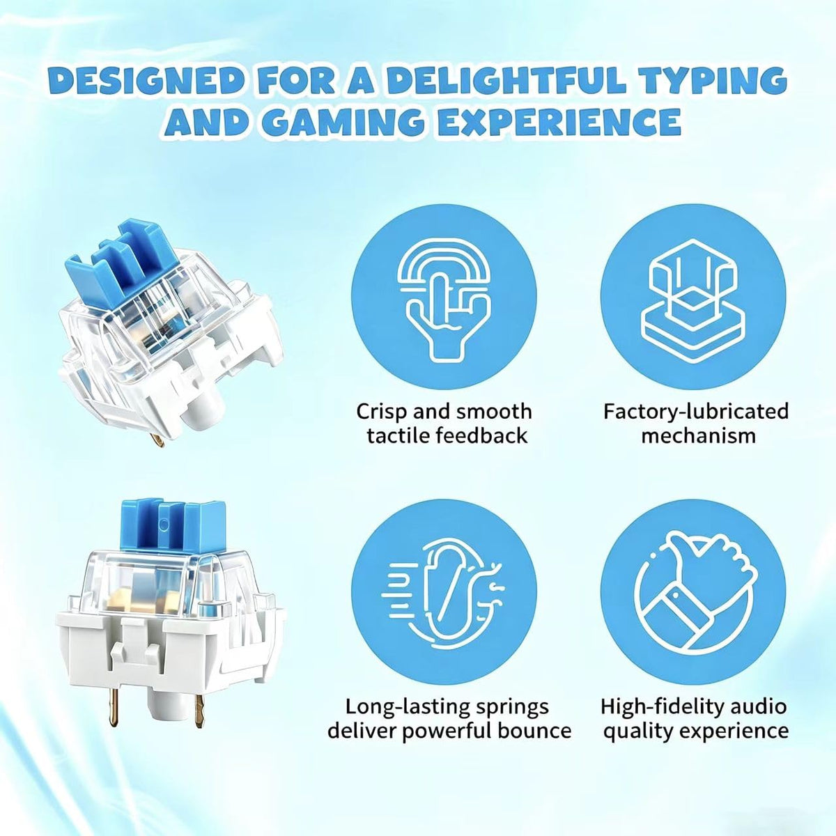 50 PCS 3 PIN Dustproof Blue Clicky Mechanical Keyboard Switches with Puller & Clear Storage Box, Accurate Typing Replacement for LED/Gaming Keyboards & 3D Prints